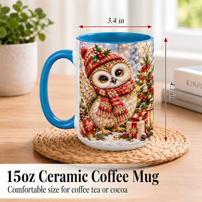 #pl[15oz|Blue] Christmas Owl Coffee Mug, Winter Bird Mug, Ceramic Cup
