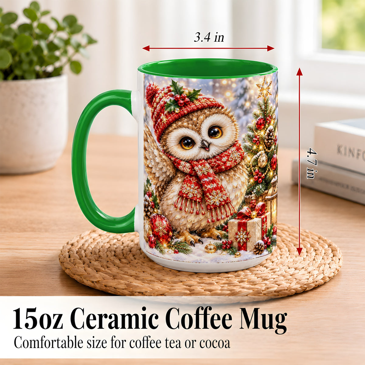 #pl[15oz|Green] Christmas Owl Coffee Mug, Winter Bird Mug, Ceramic Cup