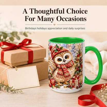 #pl[15oz|Green] Christmas Owl Coffee Mug, Winter Bird Mug, Ceramic Cup