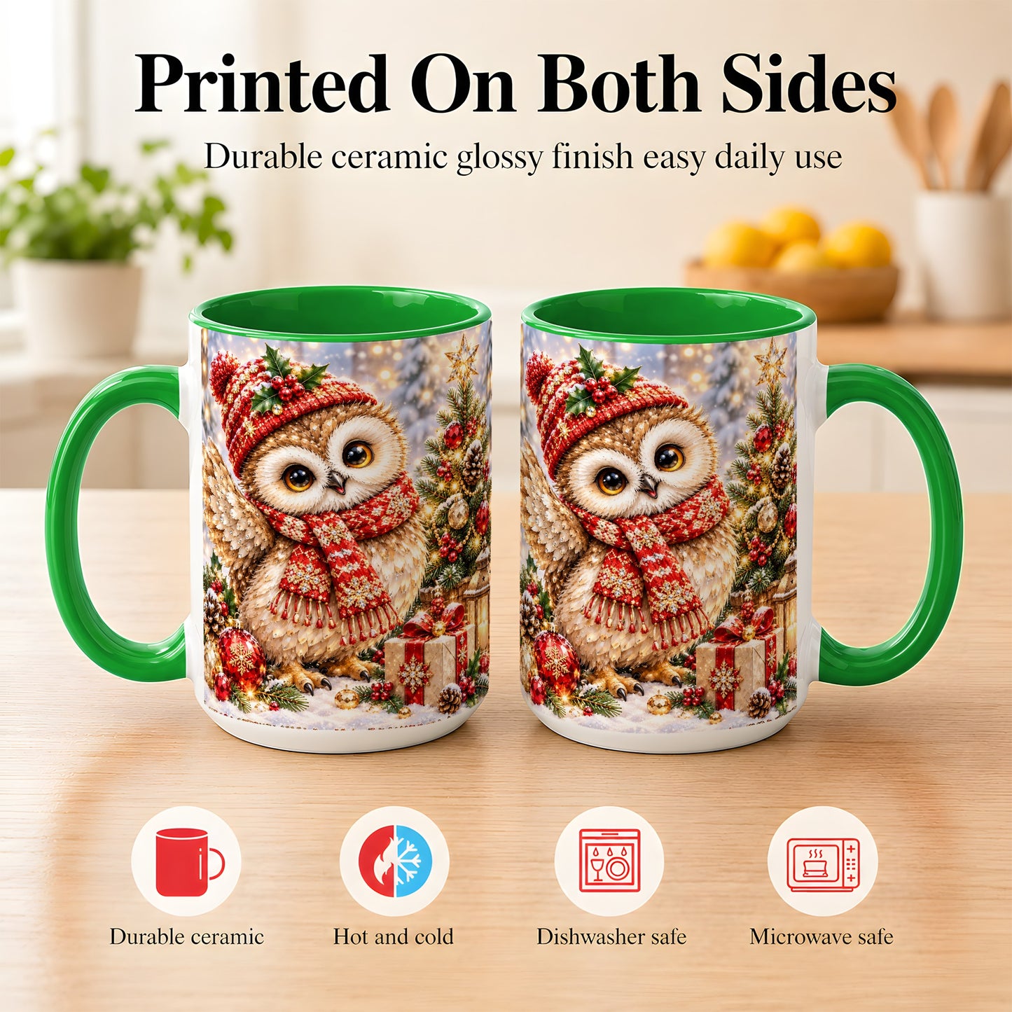 #pl[15oz|Green] Christmas Owl Coffee Mug, Winter Bird Mug, Ceramic Cup