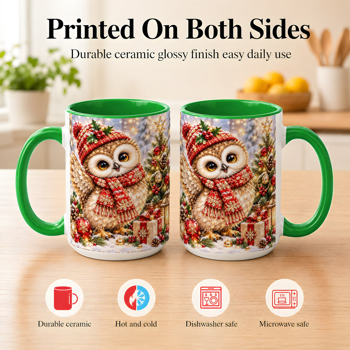 #pl[15oz|Green] Christmas Owl Coffee Mug, Winter Bird Mug, Ceramic Cup