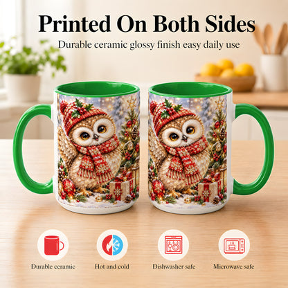 #pl[15oz|Green] Christmas Owl Coffee Mug, Winter Bird Mug, Ceramic Cup