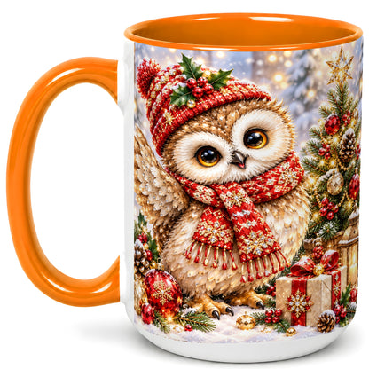 #pl[15oz|Orange] Christmas Owl Coffee Mug, Winter Bird Mug, Ceramic Cup
