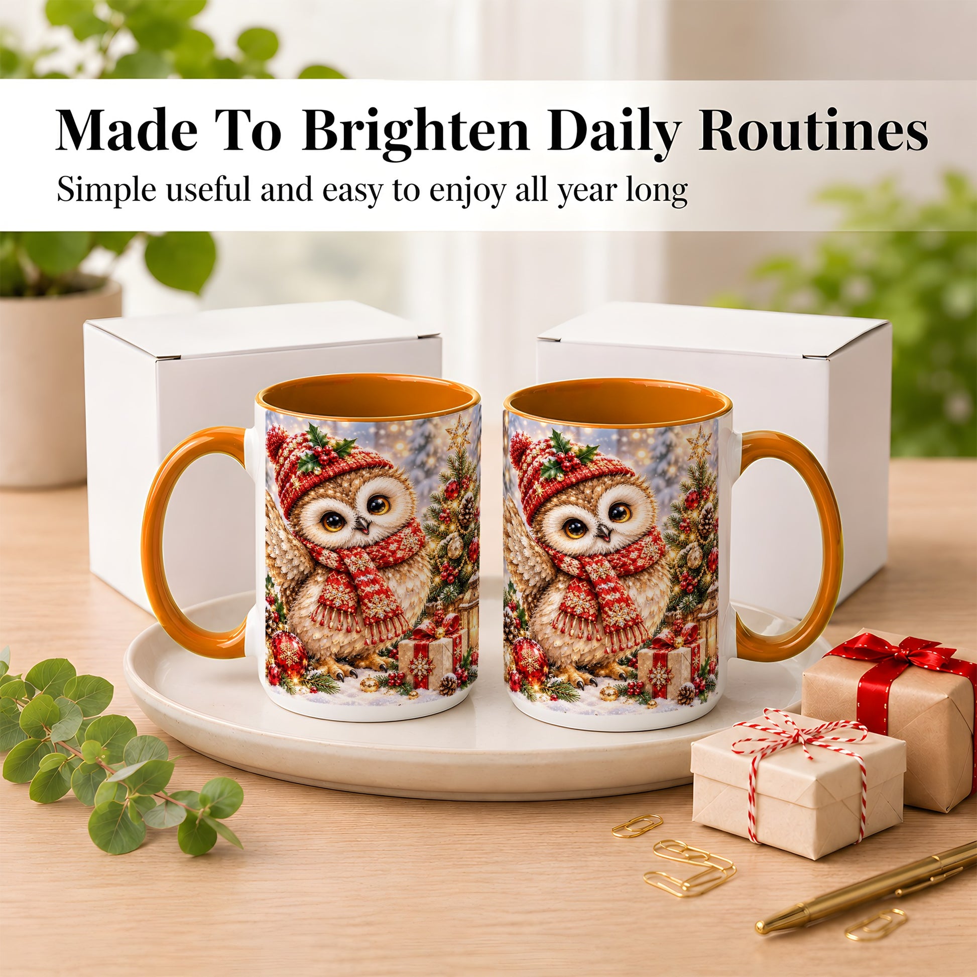 #pl[15oz|Orange] Christmas Owl Coffee Mug, Winter Bird Mug, Ceramic Cup