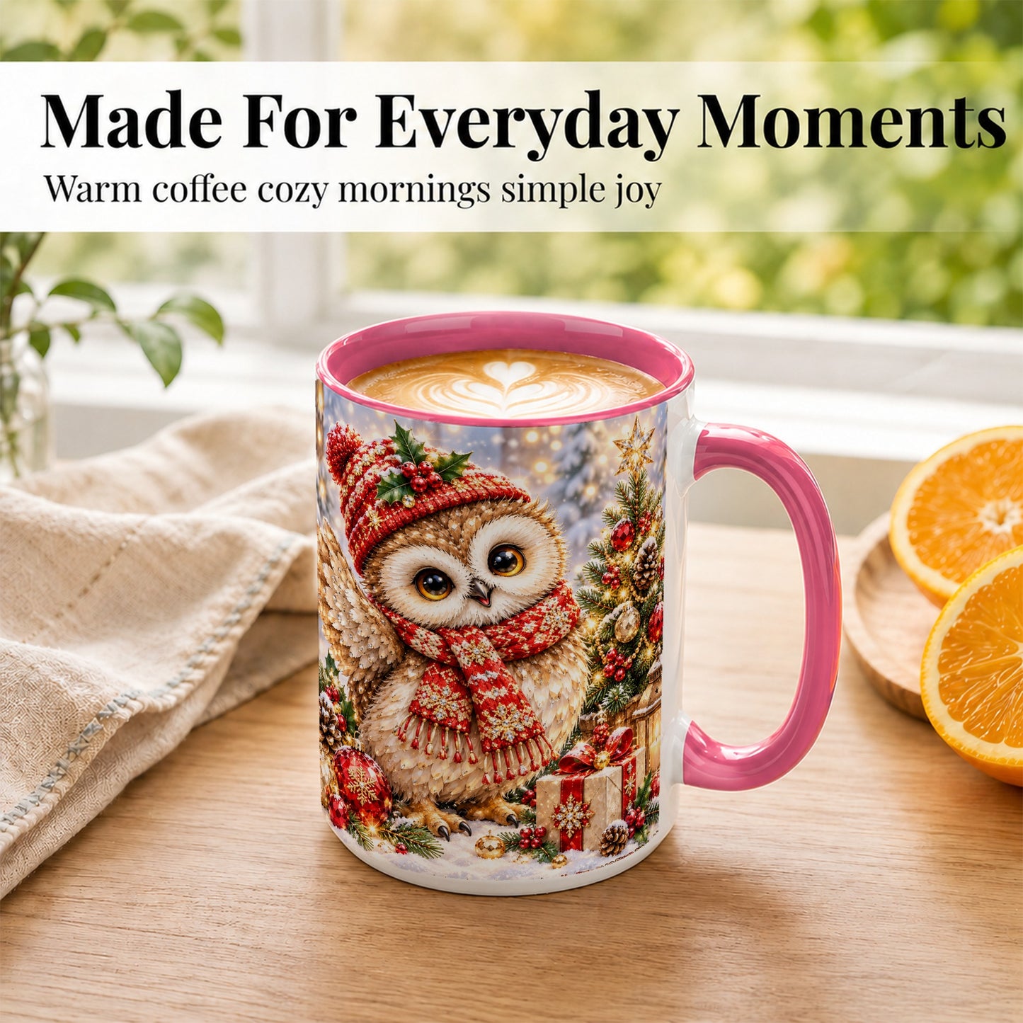 #pl[15oz|Pink] Christmas Owl Coffee Mug, Winter Bird Mug, Ceramic Cup