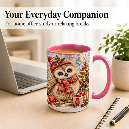 #pl[15oz|Pink] Christmas Owl Coffee Mug, Winter Bird Mug, Ceramic Cup
