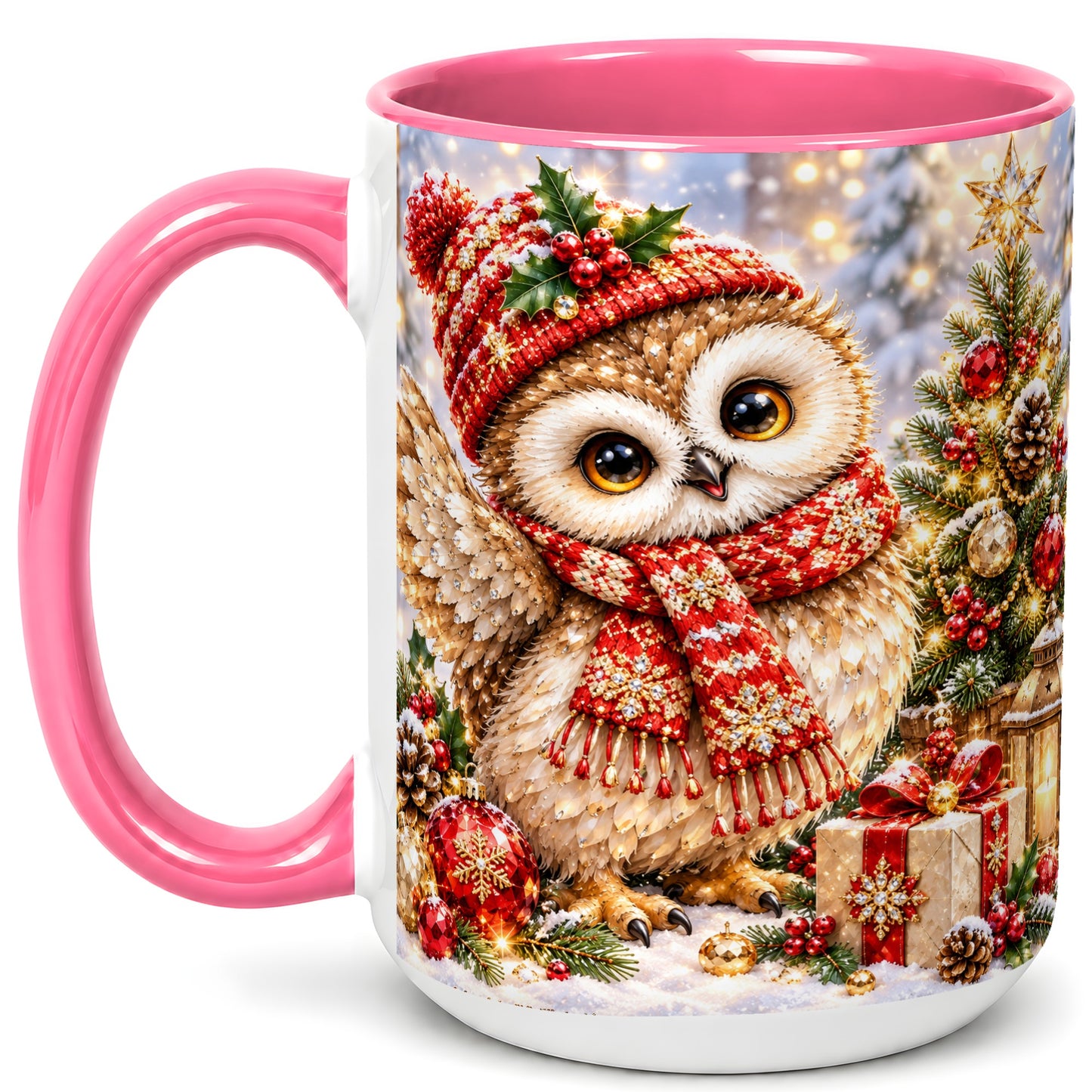 #pl[15oz|Pink] Christmas Owl Coffee Mug, Winter Bird Mug, Ceramic Cup