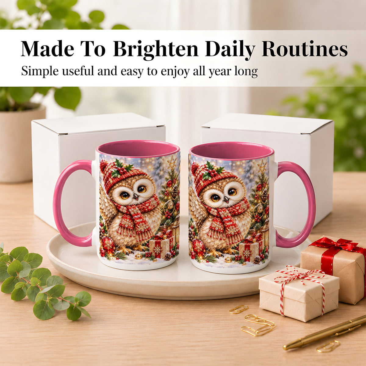#pl[15oz|Pink] Christmas Owl Coffee Mug, Winter Bird Mug, Ceramic Cup