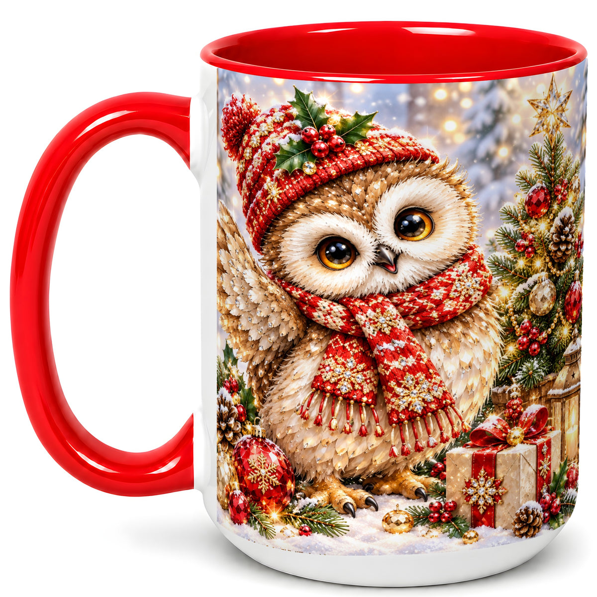 #pl[15oz|Red] Christmas Owl Coffee Mug, Winter Bird Mug, Ceramic Cup