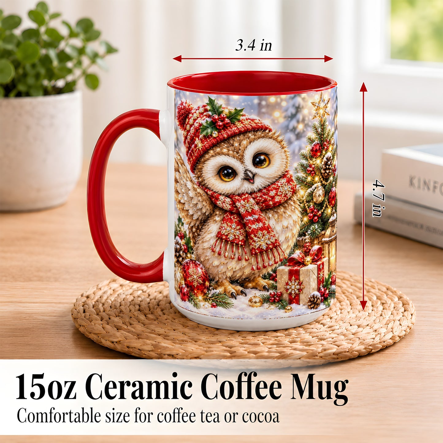 #pl[15oz|Red] Christmas Owl Coffee Mug, Winter Bird Mug, Ceramic Cup