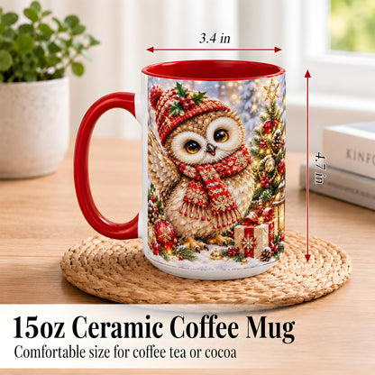 #pl[15oz|Red] Christmas Owl Coffee Mug, Winter Bird Mug, Ceramic Cup