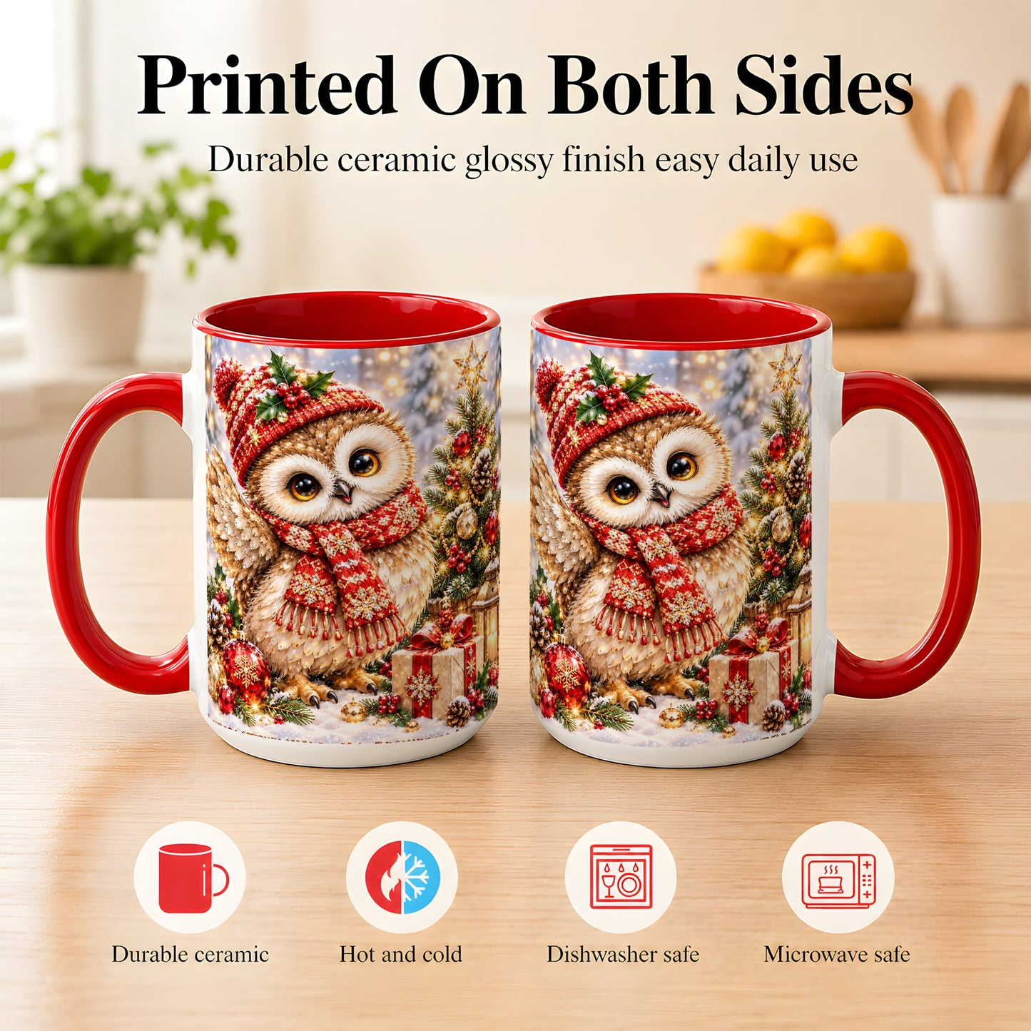 #pl[15oz|Red] Christmas Owl Coffee Mug, Winter Bird Mug, Ceramic Cup