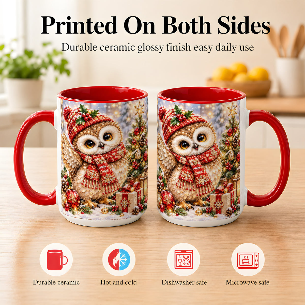 #pl[15oz|Red] Christmas Owl Coffee Mug, Winter Bird Mug, Ceramic Cup
