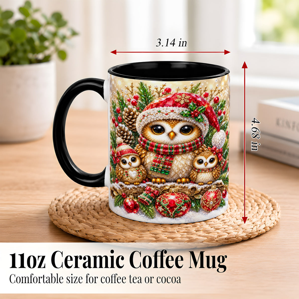 #pl[11oz|Black] Owl Family Coffee Mug, Christmas Owl Mug, Ceramic Cup