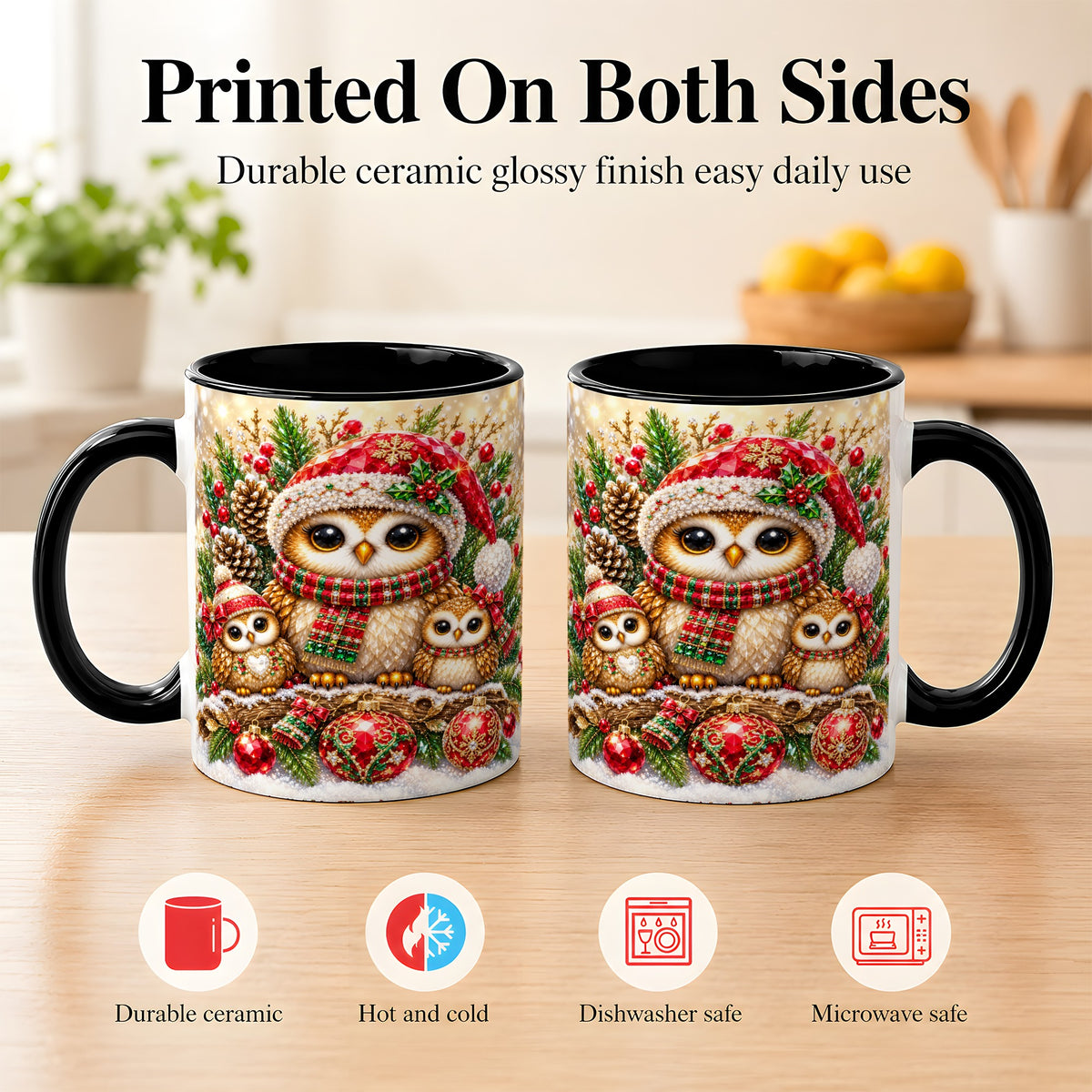 #pl[11oz|Black] Owl Family Coffee Mug, Christmas Owl Mug, Ceramic Cup