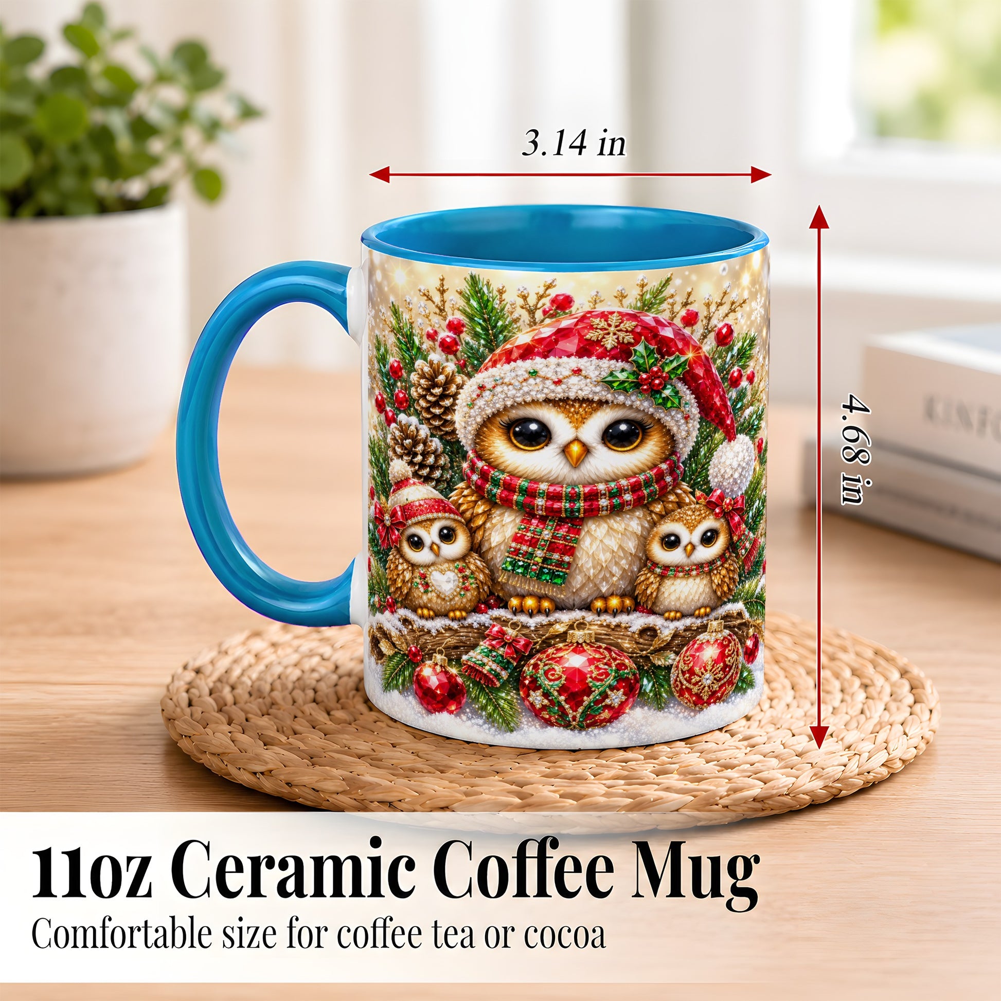 #pl[11oz|Blue] Owl Family Coffee Mug, Christmas Owl Mug, Ceramic Cup