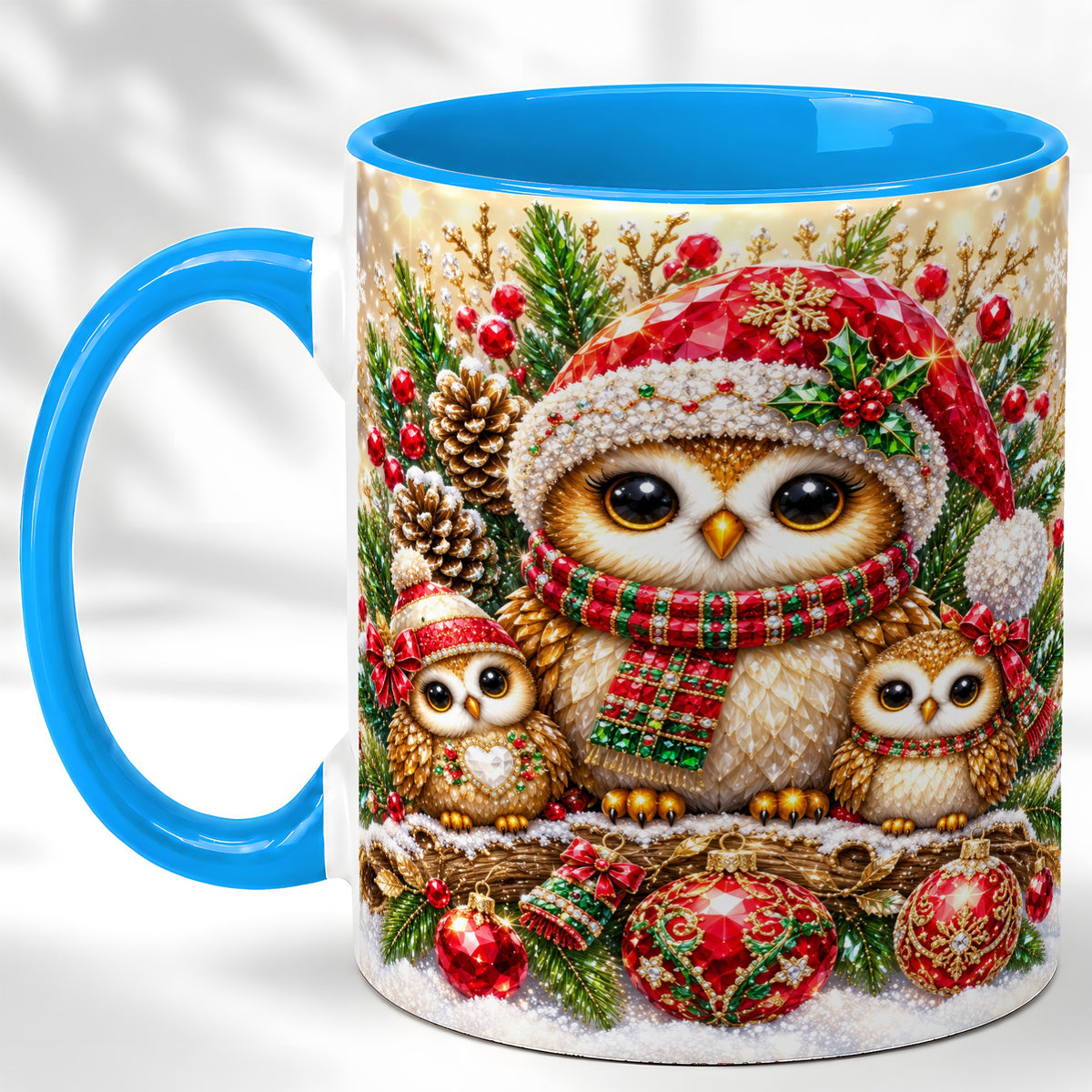 #pl[11oz|Blue] Owl Family Coffee Mug, Christmas Owl Mug, Ceramic Cup
