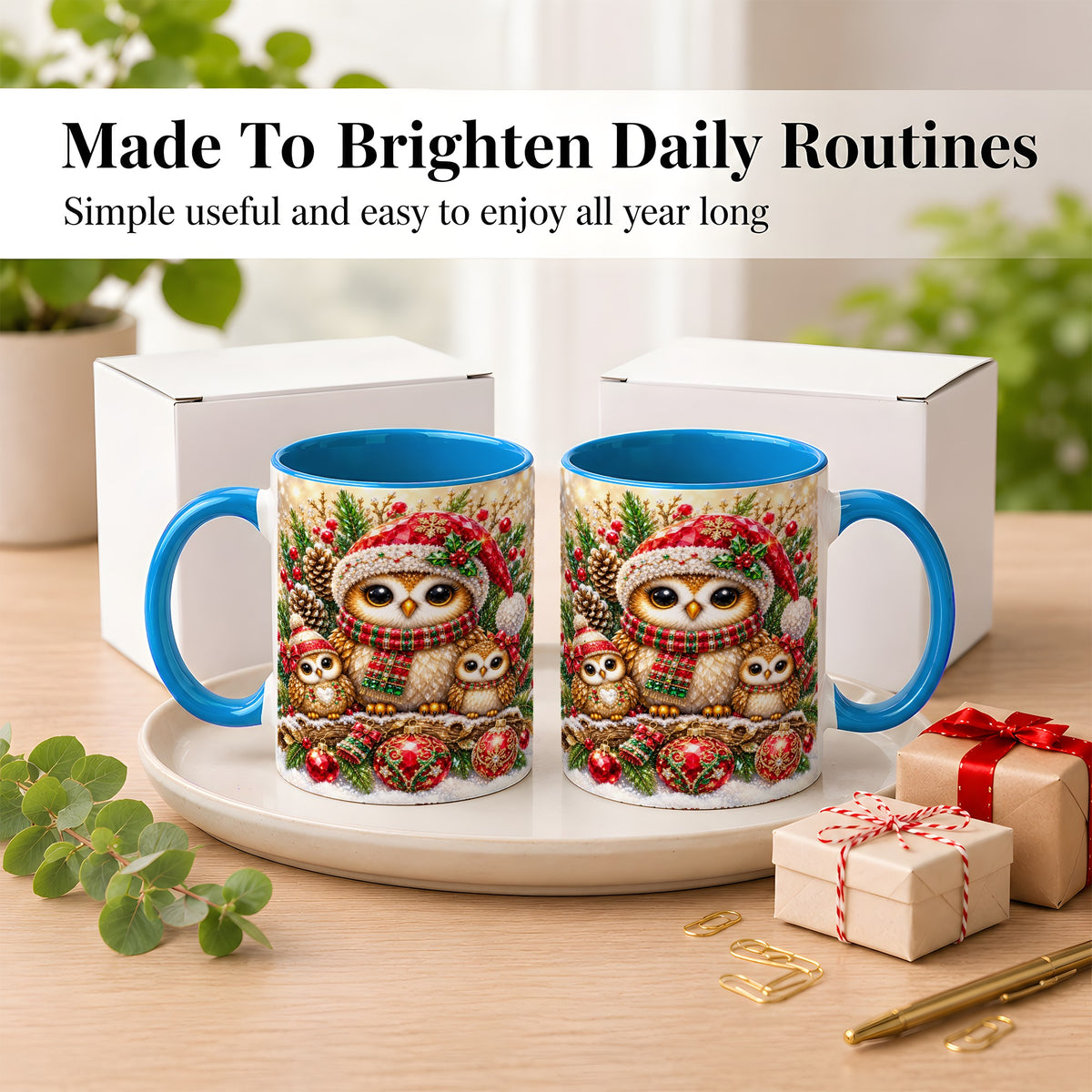 #pl[11oz|Blue] Owl Family Coffee Mug, Christmas Owl Mug, Ceramic Cup
