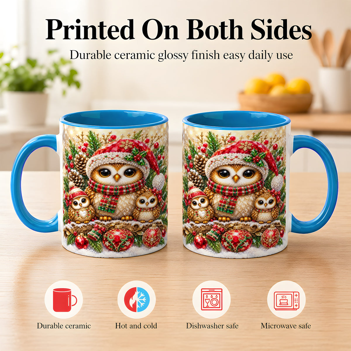 #pl[11oz|Blue] Owl Family Coffee Mug, Christmas Owl Mug, Ceramic Cup