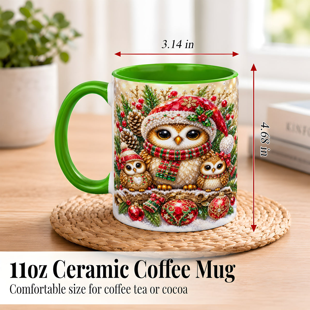 #pl[11oz|Green] Owl Family Coffee Mug, Christmas Owl Mug, Ceramic Cup