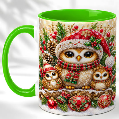 #pl[11oz|Green] Owl Family Coffee Mug, Christmas Owl Mug, Ceramic Cup