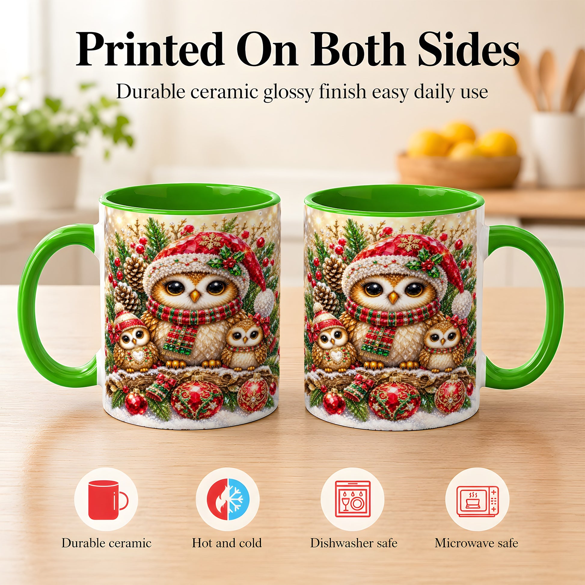 #pl[11oz|Green] Owl Family Coffee Mug, Christmas Owl Mug, Ceramic Cup