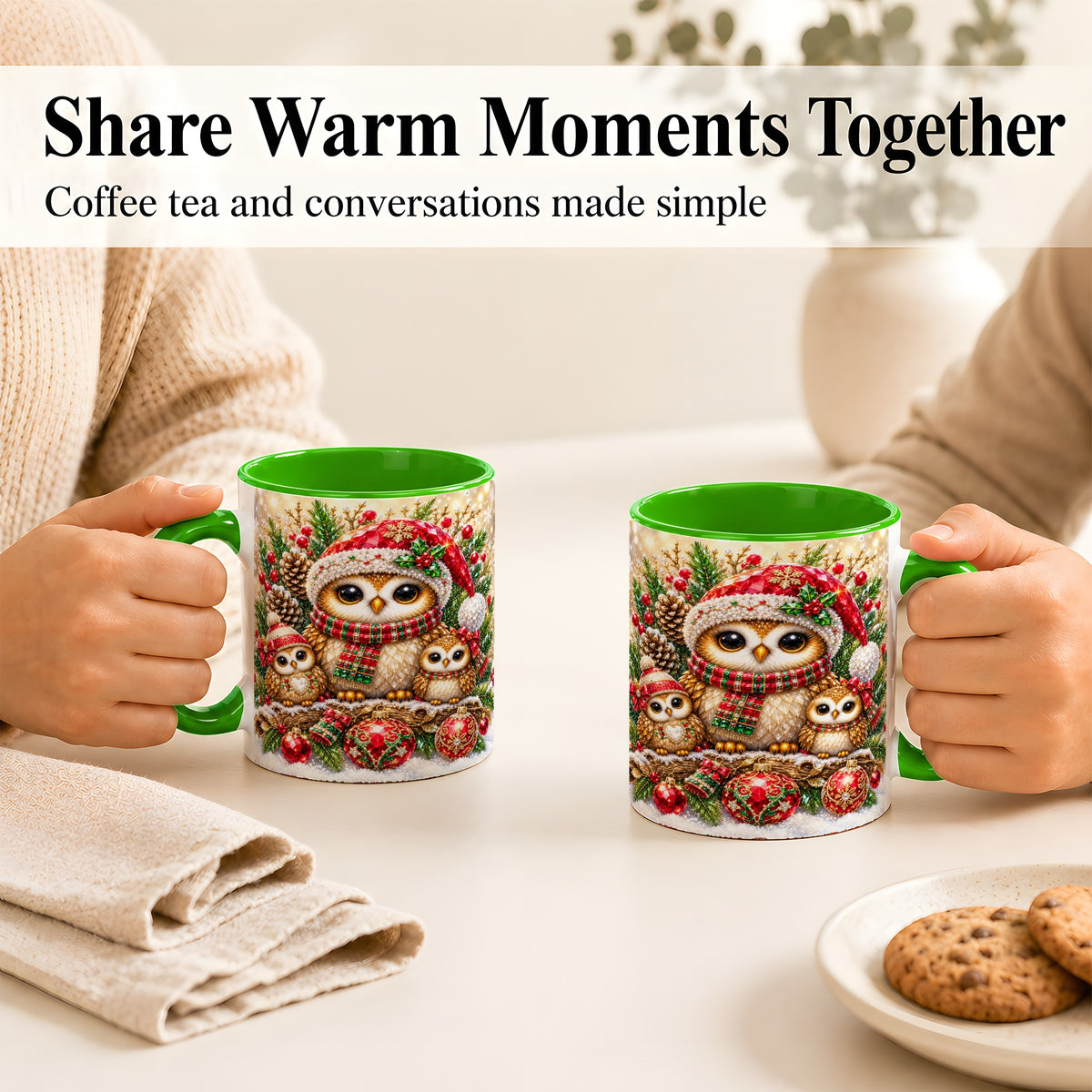 #pl[11oz|Green] Owl Family Coffee Mug, Christmas Owl Mug, Ceramic Cup