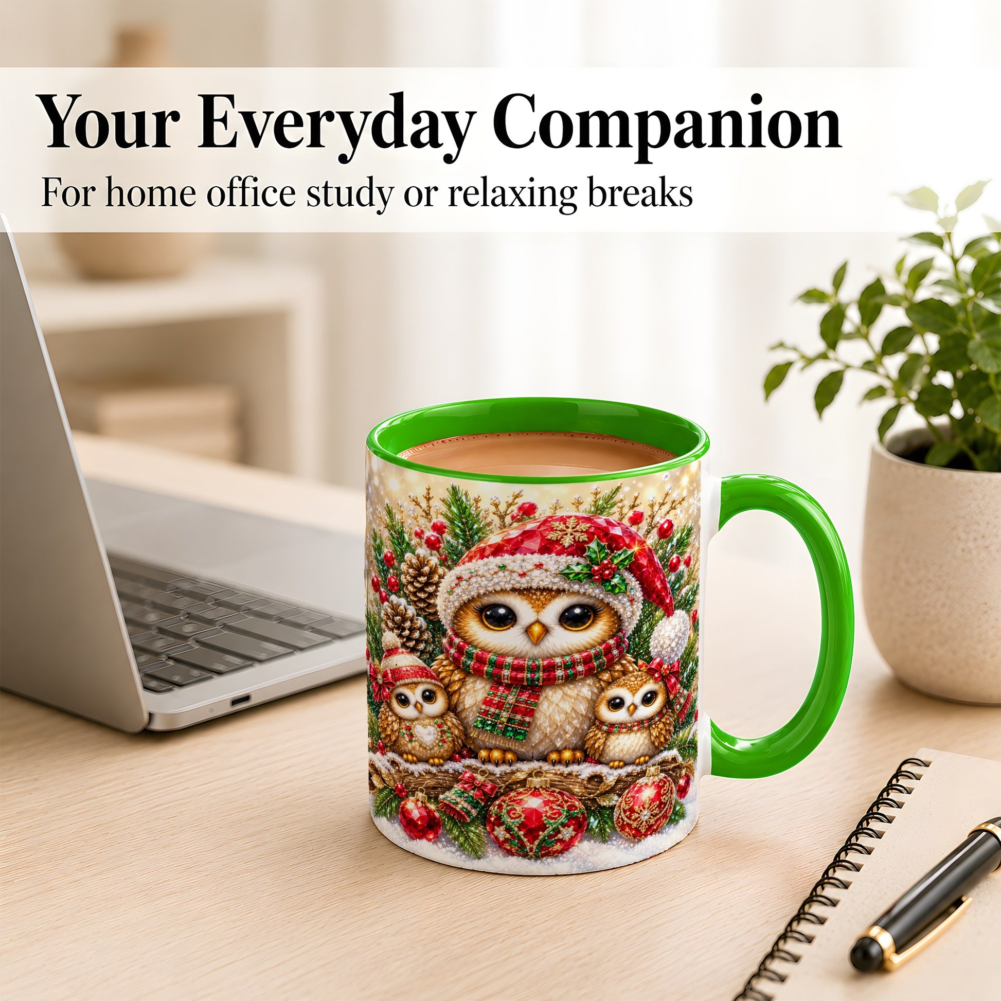 #pl[11oz|Green] Owl Family Coffee Mug, Christmas Owl Mug, Ceramic Cup