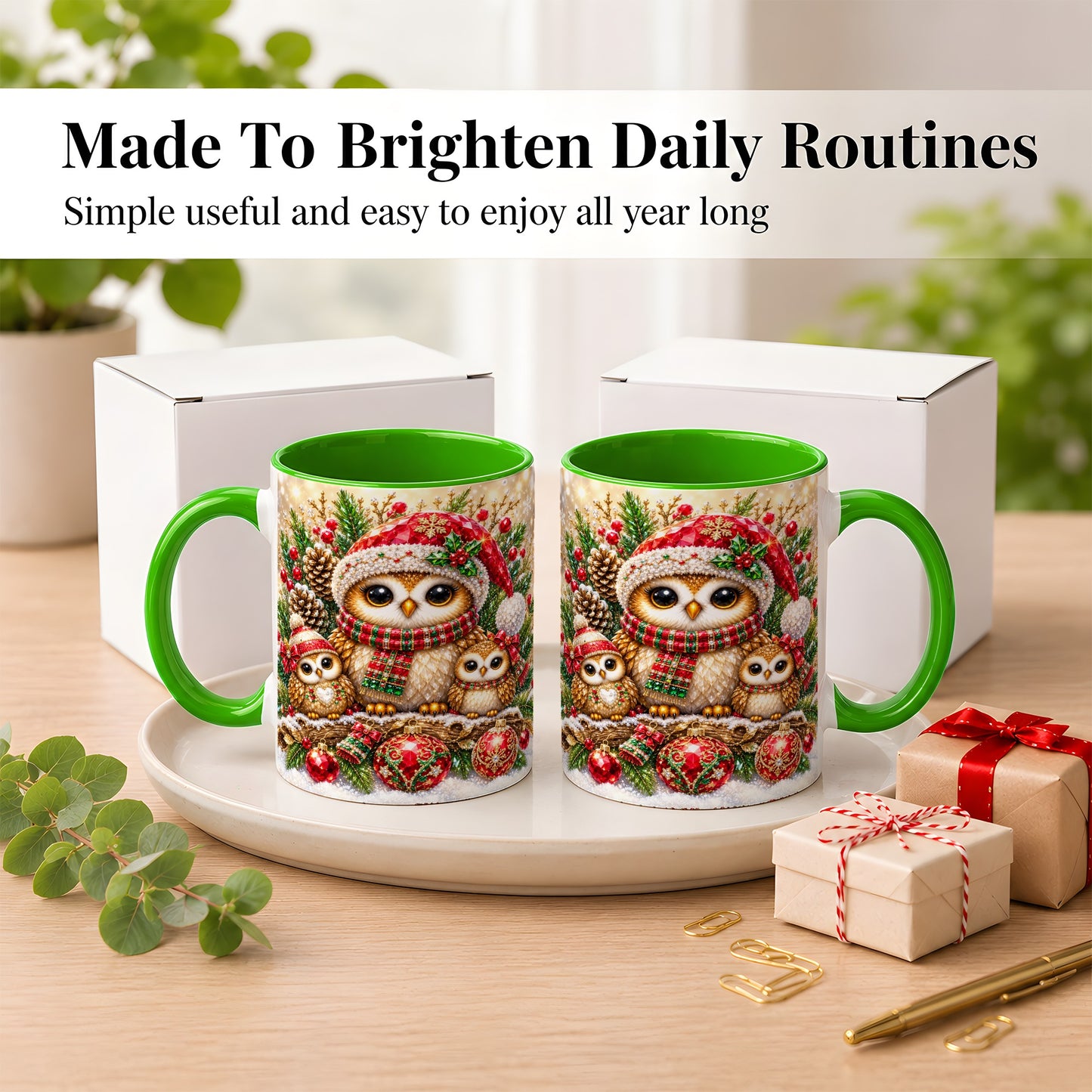 #pl[11oz|Green] Owl Family Coffee Mug, Christmas Owl Mug, Ceramic Cup