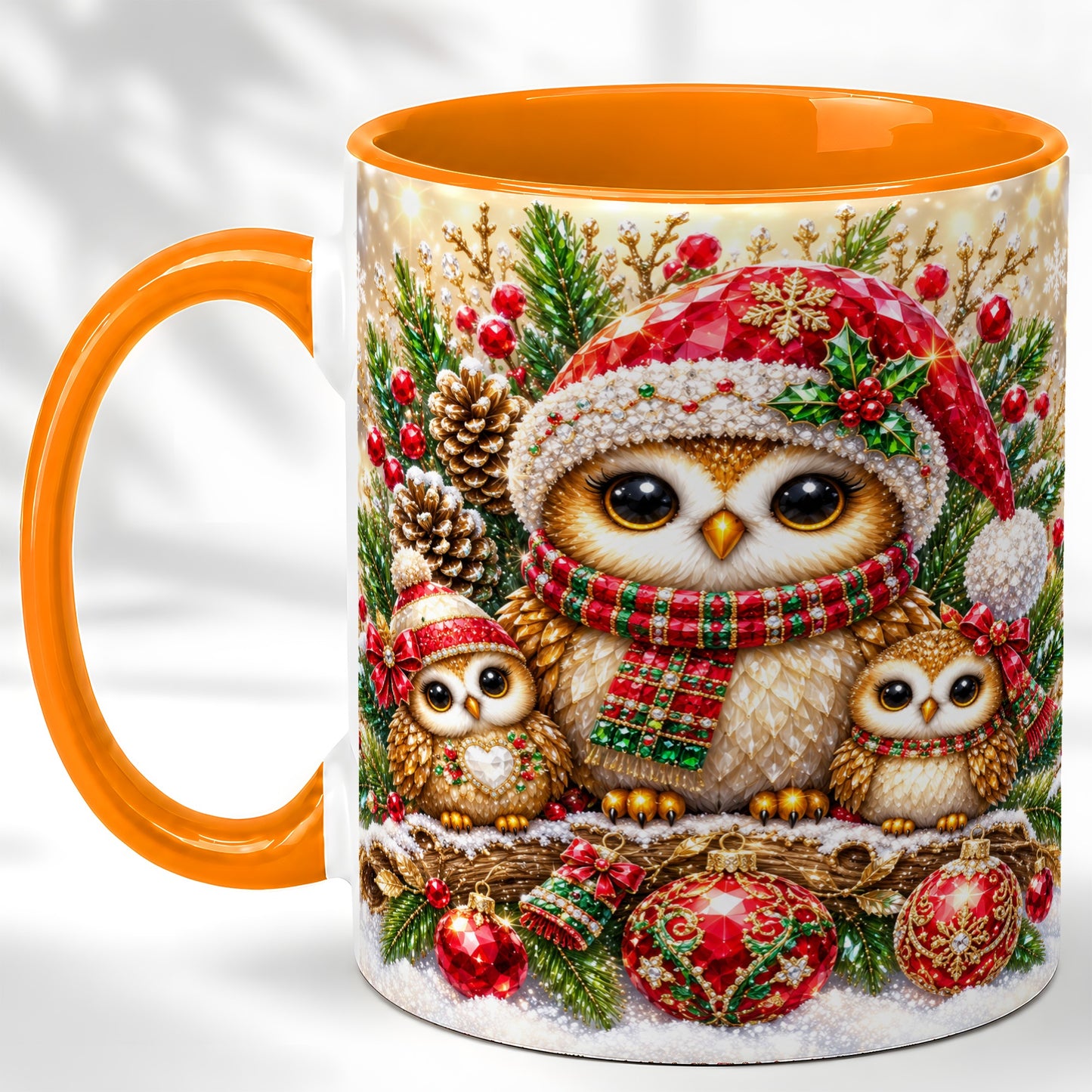#pl[11oz|Orange] Owl Family Coffee Mug, Christmas Owl Mug, Ceramic Cup