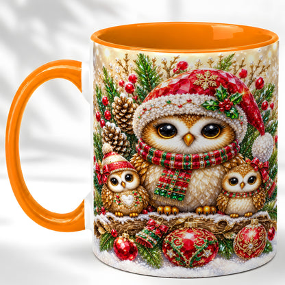 #pl[11oz|Orange] Owl Family Coffee Mug, Christmas Owl Mug, Ceramic Cup