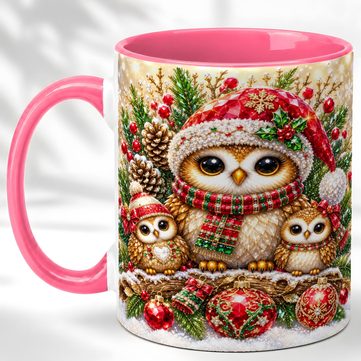 #pl[11oz|Pink] Owl Family Coffee Mug, Christmas Owl Mug, Ceramic Cup
