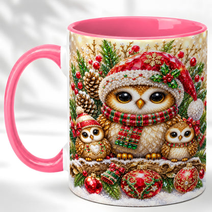 #pl[11oz|Pink] Owl Family Coffee Mug, Christmas Owl Mug, Ceramic Cup
