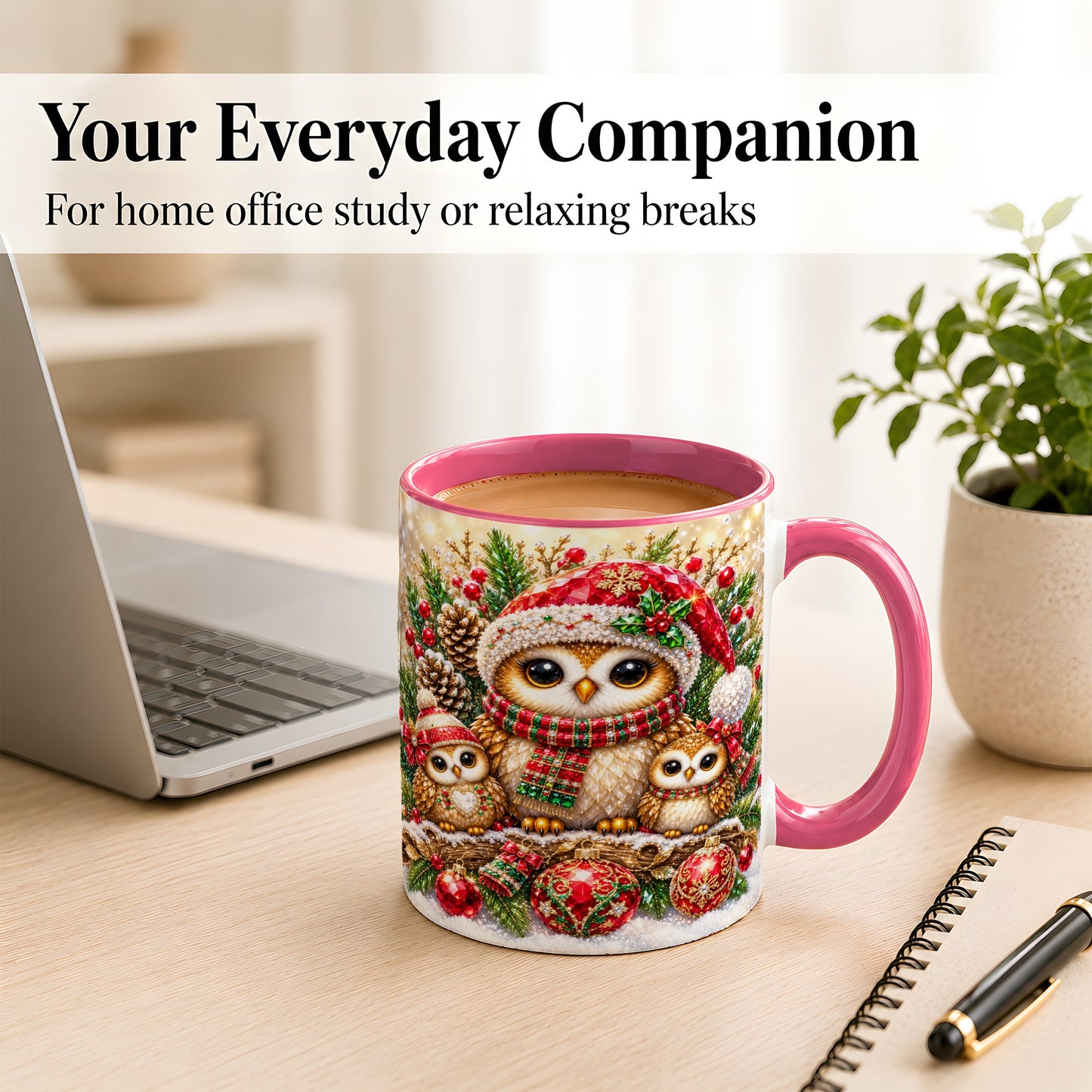 #pl[11oz|Pink] Owl Family Coffee Mug, Christmas Owl Mug, Ceramic Cup