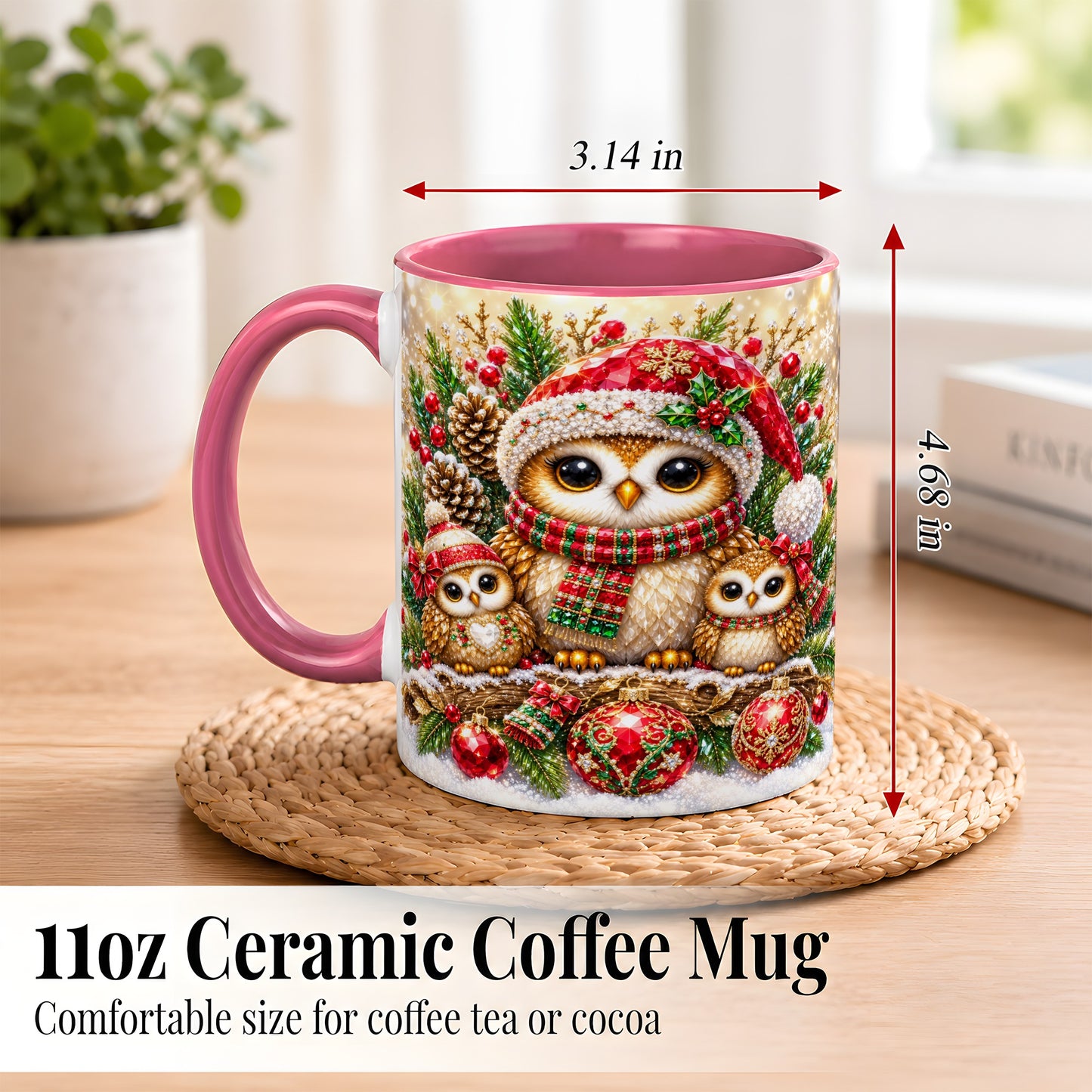 #pl[11oz|Pink] Owl Family Coffee Mug, Christmas Owl Mug, Ceramic Cup