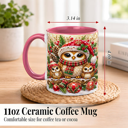 #pl[11oz|Pink] Owl Family Coffee Mug, Christmas Owl Mug, Ceramic Cup