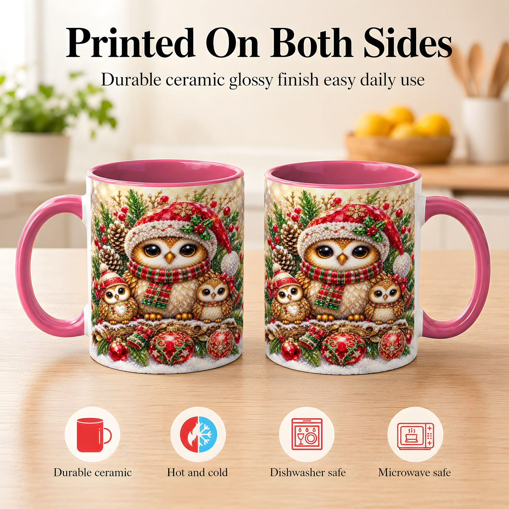 #pl[11oz|Pink] Owl Family Coffee Mug, Christmas Owl Mug, Ceramic Cup