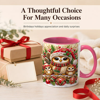 #pl[11oz|Pink] Owl Family Coffee Mug, Christmas Owl Mug, Ceramic Cup