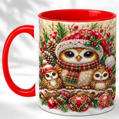 Owl Family Coffee Mug, Christmas Owl Mug, Ceramic Cup