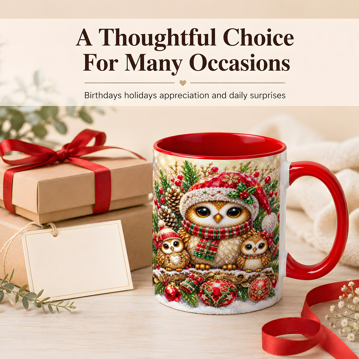 #pl[11oz|Red] Owl Family Coffee Mug, Christmas Owl Mug, Ceramic Cup