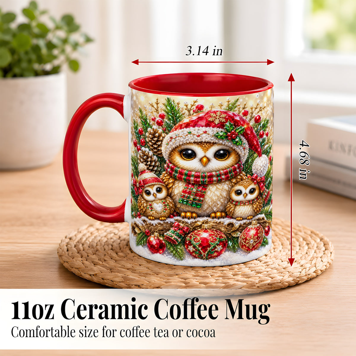 #pl[11oz|Red] Owl Family Coffee Mug, Christmas Owl Mug, Ceramic Cup