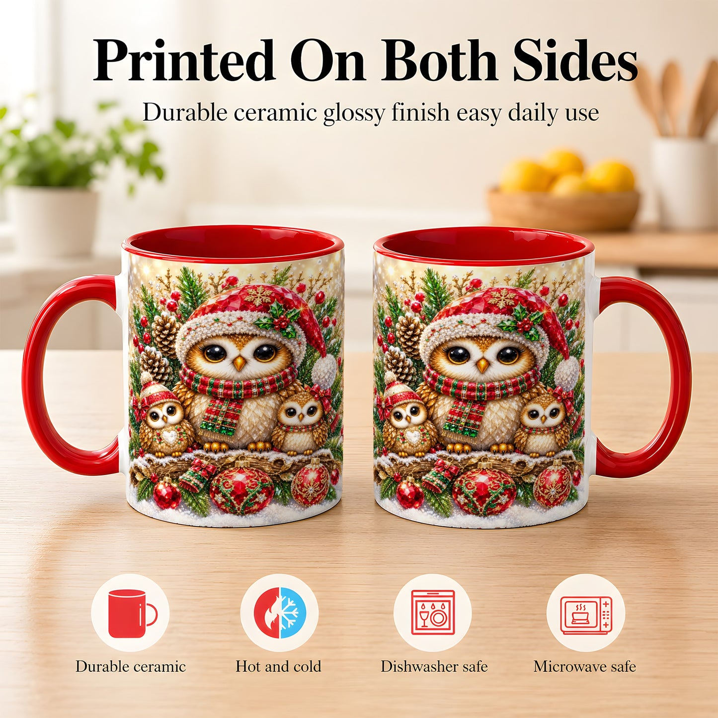 #pl[11oz|Red] Owl Family Coffee Mug, Christmas Owl Mug, Ceramic Cup