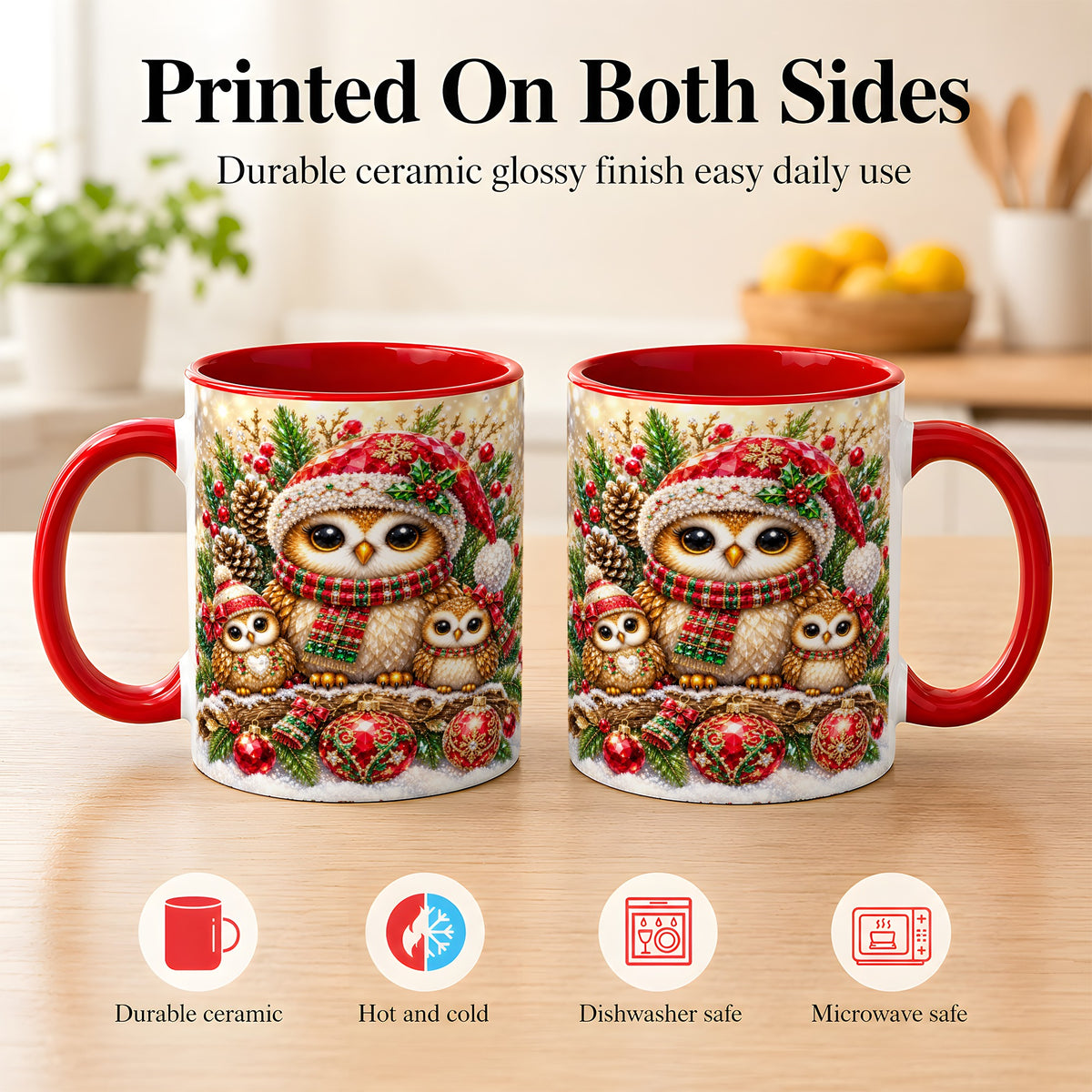 #pl[11oz|Red] Owl Family Coffee Mug, Christmas Owl Mug, Ceramic Cup