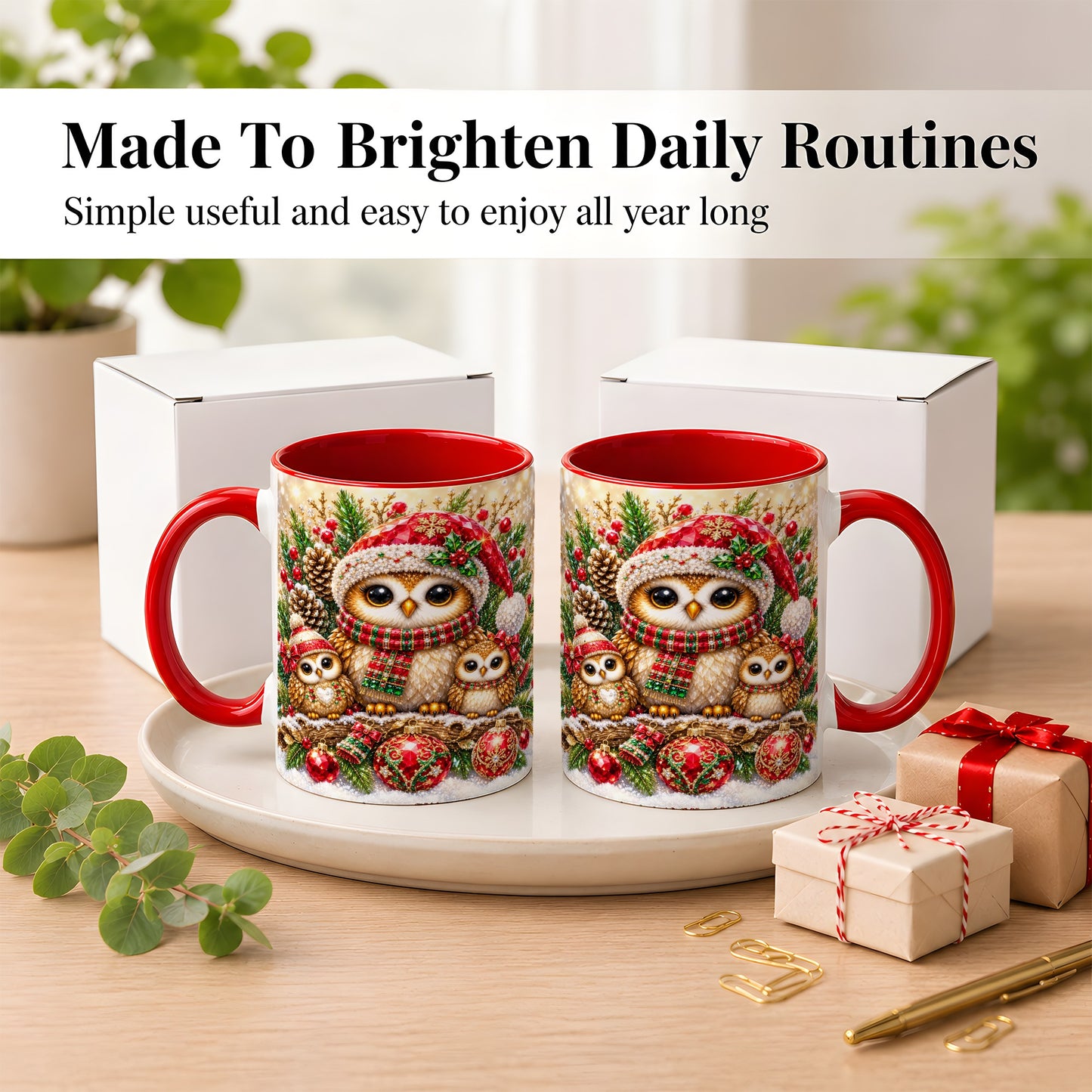 #pl[11oz|Red] Owl Family Coffee Mug, Christmas Owl Mug, Ceramic Cup