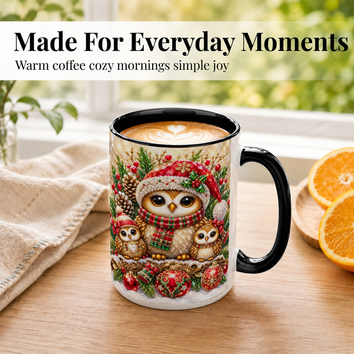 #pl[15oz|Black] Owl Family Coffee Mug, Christmas Owl Mug, Ceramic Cup