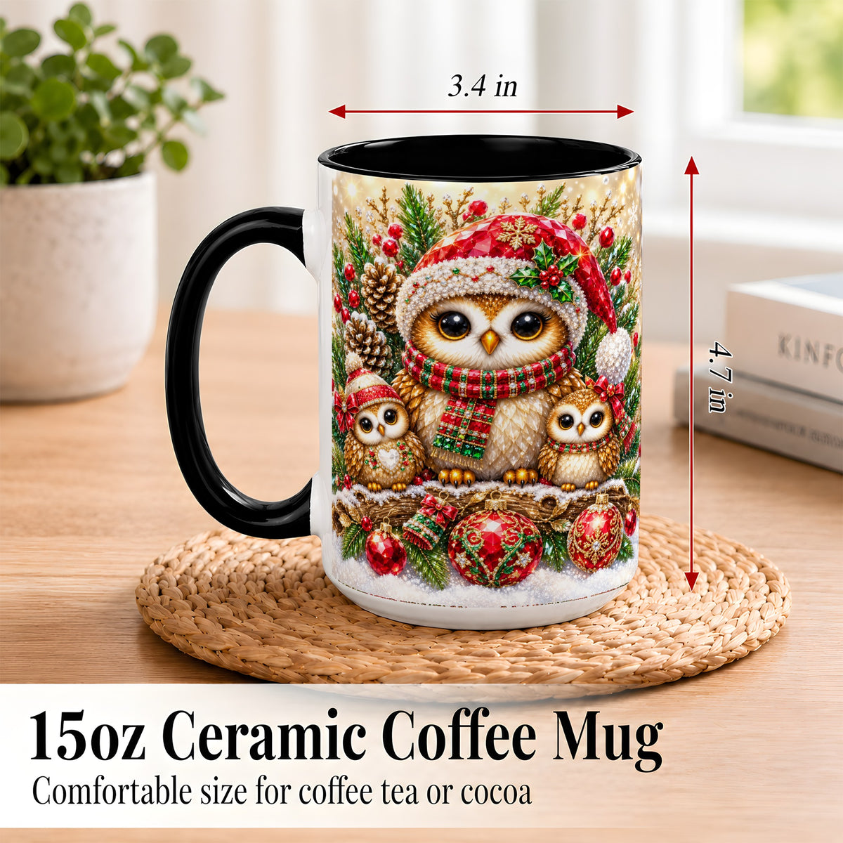 #pl[15oz|Black] Owl Family Coffee Mug, Christmas Owl Mug, Ceramic Cup