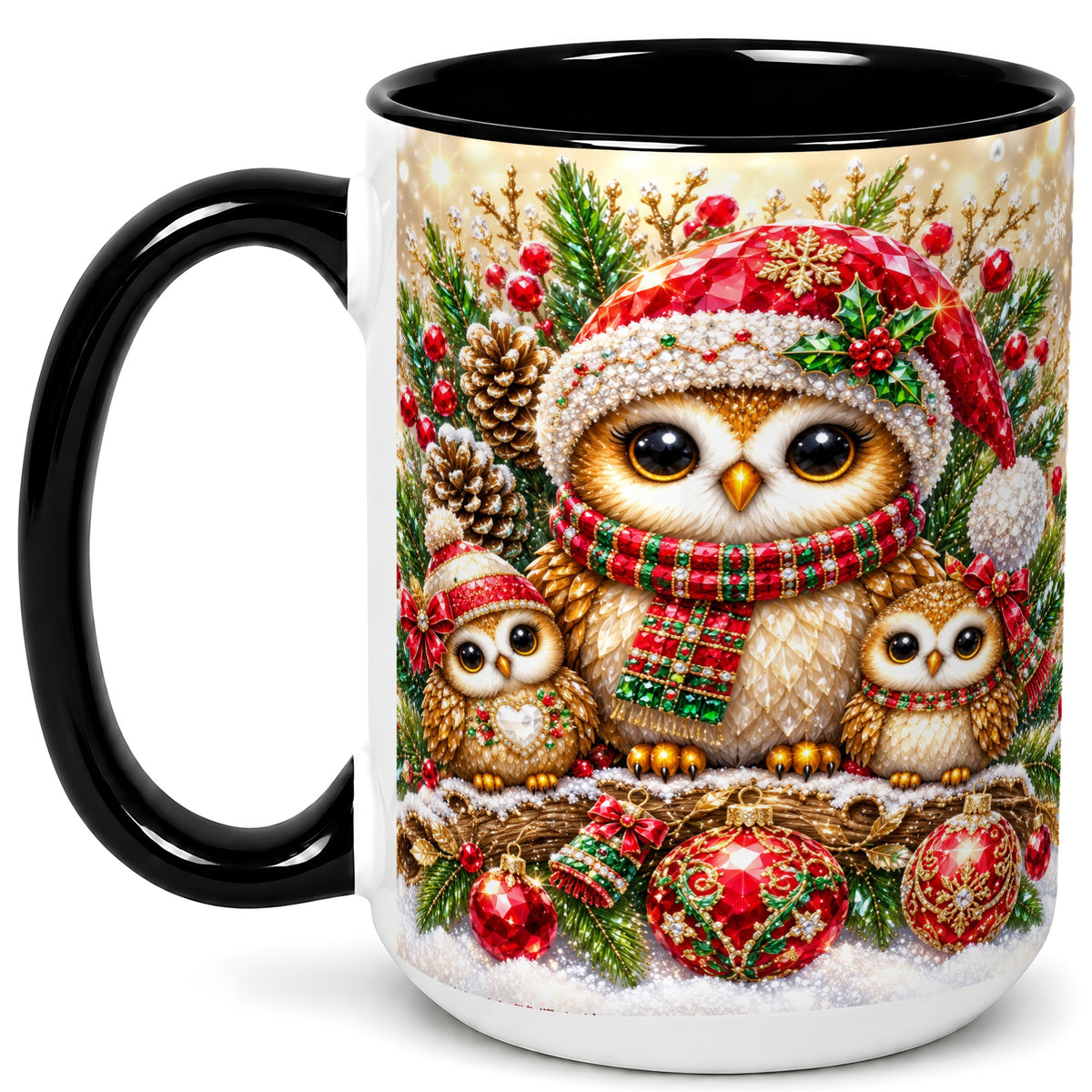 #pl[15oz|Black] Owl Family Coffee Mug, Christmas Owl Mug, Ceramic Cup