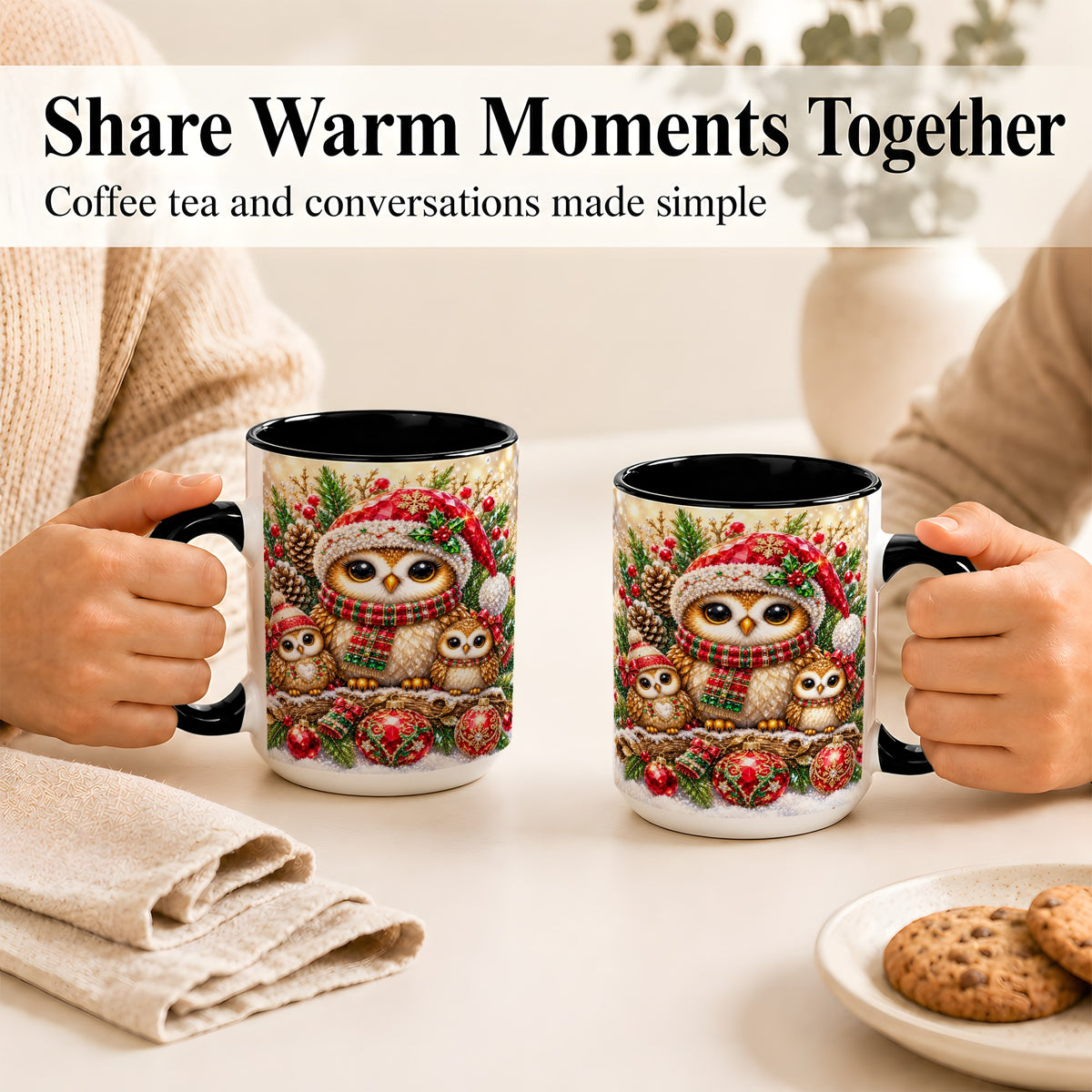 #pl[15oz|Black] Owl Family Coffee Mug, Christmas Owl Mug, Ceramic Cup