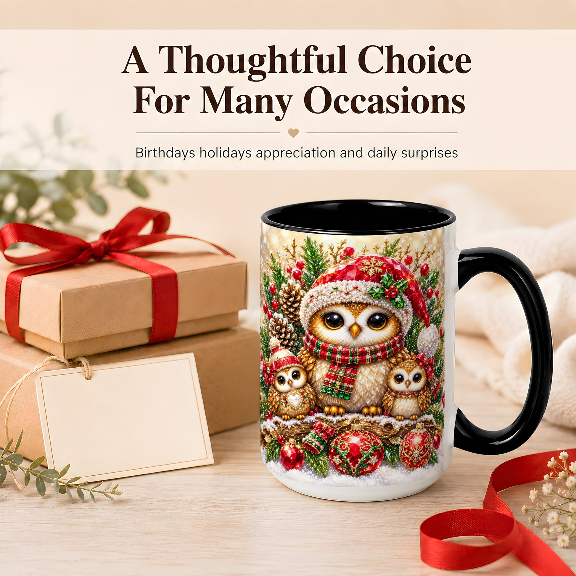 #pl[15oz|Black] Owl Family Coffee Mug, Christmas Owl Mug, Ceramic Cup