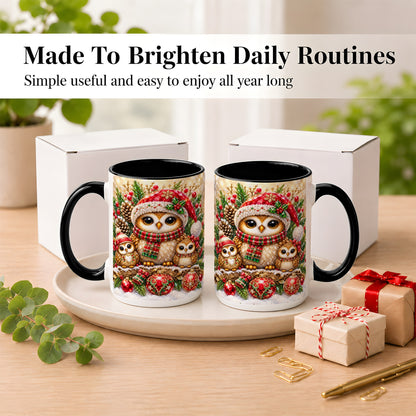 #pl[15oz|Black] Owl Family Coffee Mug, Christmas Owl Mug, Ceramic Cup
